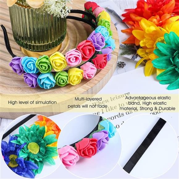 6 Pcs Boho Floral Crown Stretch Rose Flower Headband Girls Rainbow Headband